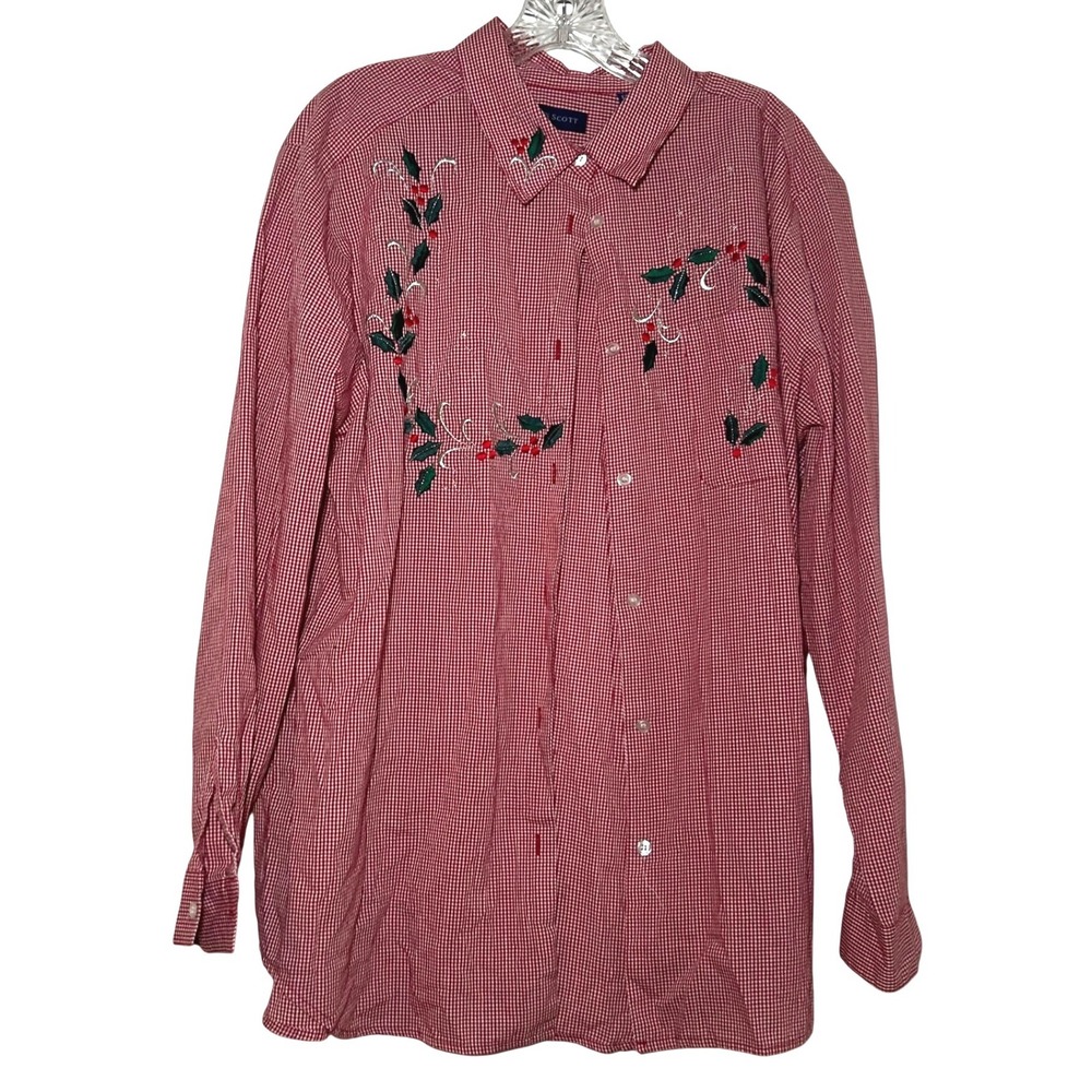 Karen Scott Womens XL Red Gingham Embroidered Holly Christmas Button Down Shirt